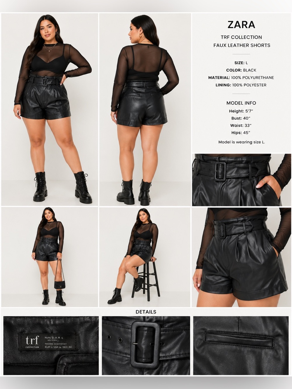 Zara TRF Faux Leather Paperbag Shorts Black Belted Size L